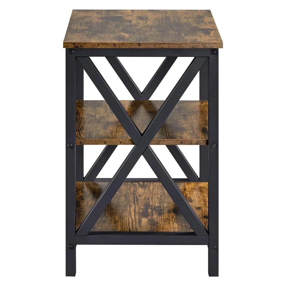 Rustic 3-Tier Side End Table – Industrial X-Frame Sofa Accent Table